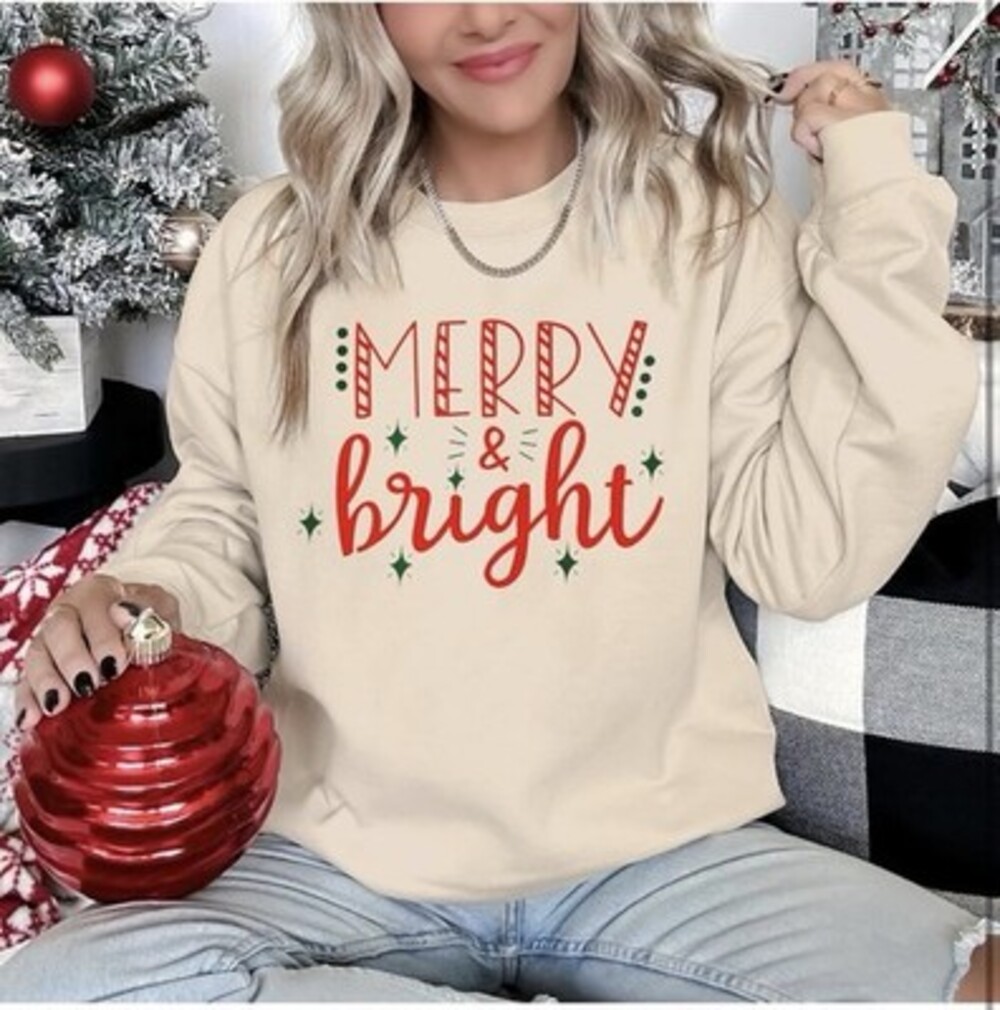 Women Merry and Bright Sweatshirt Merry Christmas Letter Print Shirt-SIZE L